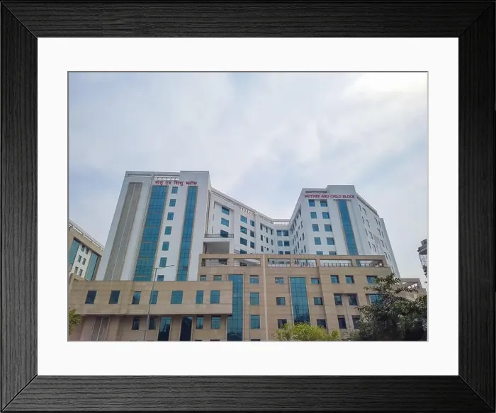 Framed Print : hospital multistory building with cloudy sky at morning image is taken at aiims delhi india on Apr 14 2022 Framed Print : hospital multistory building with cloudy sky at morning image is taken at aiims delhi india on Apr 14 2022