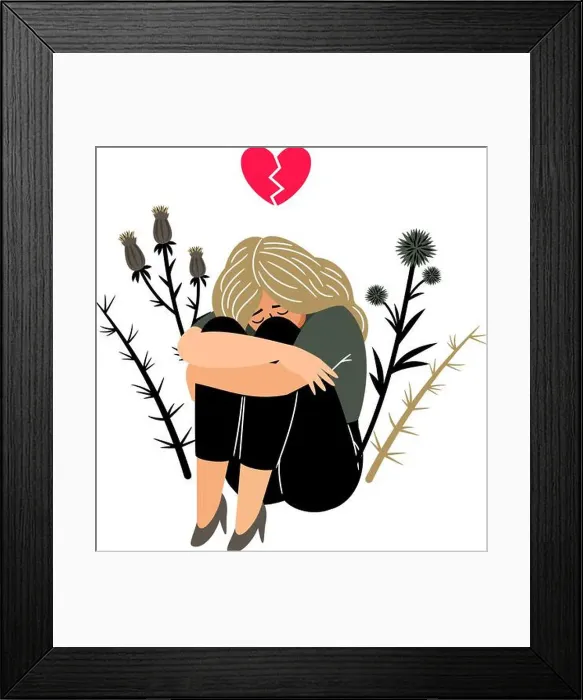 Framed Print : Crying girl with sad feeling. Cartoon young lady with with broken heart Framed Print : Crying girl with sad feeling. Cartoon young lady with with broken heart