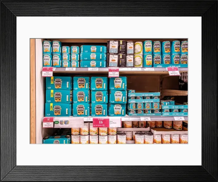 Framed Print : Epsom Surrey, London UK, June 10 2022, Supermarket Shelf Tins Of Heinz Baked Beans Framed Print : Epsom Surrey, London UK, June 10 2022, Supermarket Shelf Tins Of Heinz Baked Beans