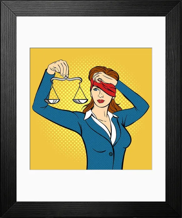 Framed Print : Vector hand drawn pop art illustration of young woman with the Libra in her hand Framed Print : Vector hand drawn pop art illustration of young woman with the Libra in her hand