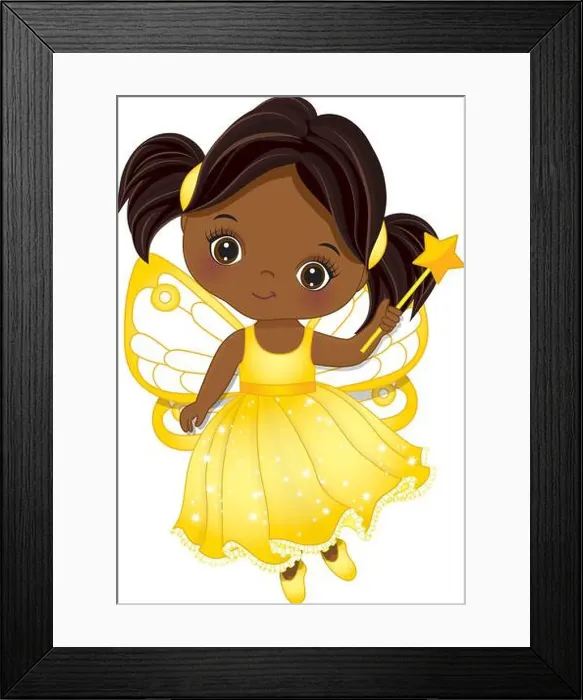 Framed Print : Cute African American Fairy Girl Has Ponytails Holding Magic Wand. Vector Little Fairy Framed Print : Cute African American Fairy Girl Has Ponytails Holding Magic Wand. Vector Little Fairy