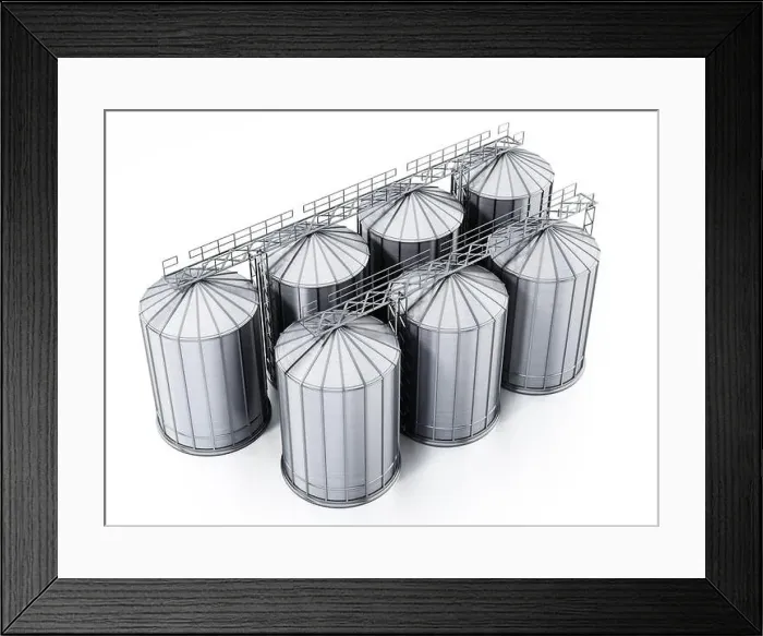 Framed Print : Corrugated steel grain silos isolated on white background. 3D illustration Framed Print : Corrugated steel grain silos isolated on white background. 3D illustration