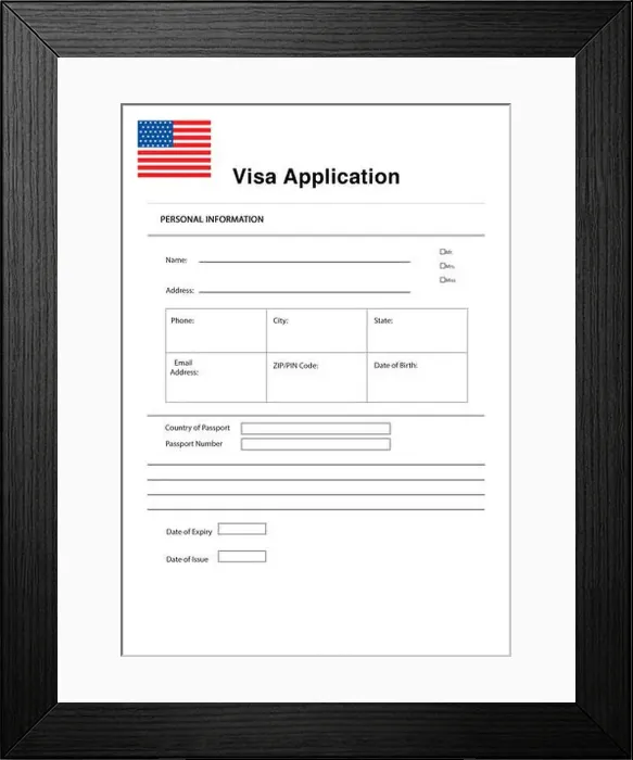 Framed Print : Immigration to USA. Blank application visa form