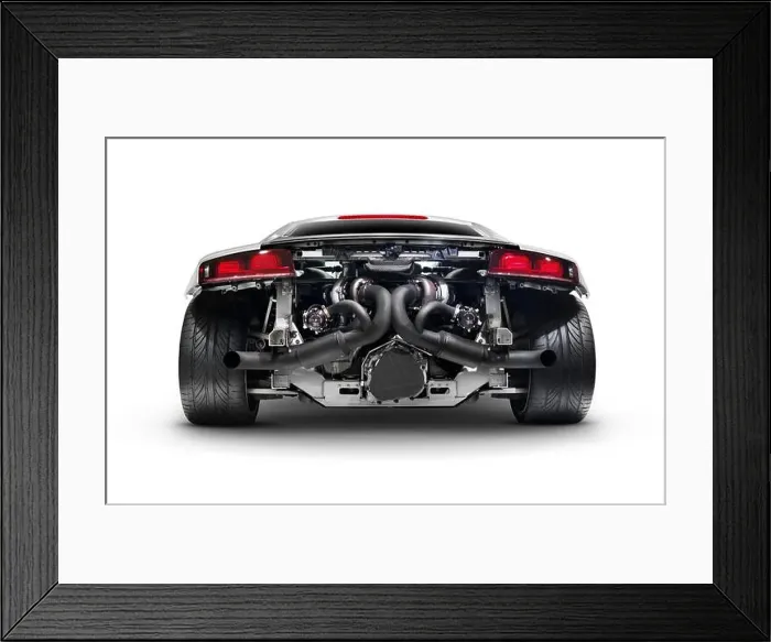 Framed Print : 2014 Audi Quattro R8 twin-turbo limited edition sports car supercar rear view with exposed engine showing exhaust pipes Framed Print : 2014 Audi Quattro R8 twin-turbo limited edition sports car supercar rear view with exposed engine showing exhaust pipes