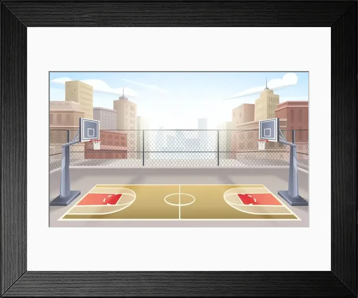 Framed Print : Cartoon outdoor basketball court on background with city houses vector illustration Framed Print : Cartoon outdoor basketball court on background with city houses vector illustration