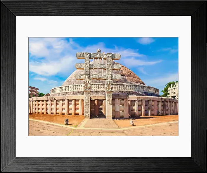 Framed Print : Sanchi Stupa is a Buddhist stone structure located on a hilltop at Sanchi Town in Raisen District of the State of Framed Print : Sanchi Stupa is a Buddhist stone structure located on a hilltop at Sanchi Town in Raisen District of the State of