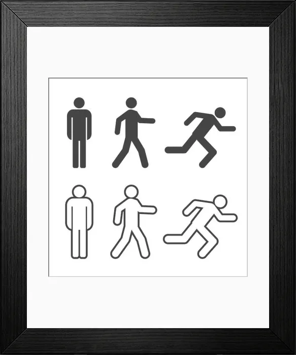 Framed Print : Man stands, walk and run silhouette and outline icon set Framed Print : Man stands, walk and run silhouette and outline icon set