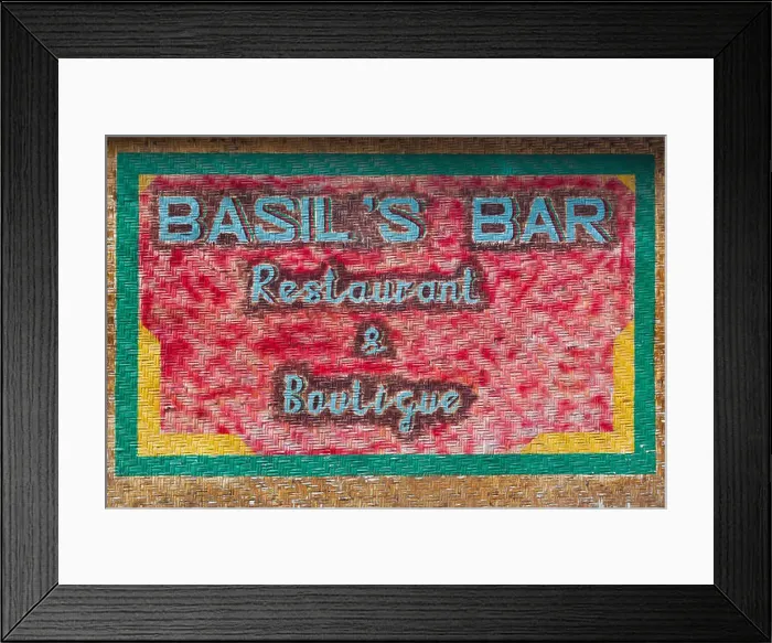 Framed Print : St. Vincent and the Grenadines, Mustique, Britannia Bay, sign for the world-famous Basils Bar Framed Print : St. Vincent and the Grenadines, Mustique, Britannia Bay, sign for the world-famous Basils Bar
