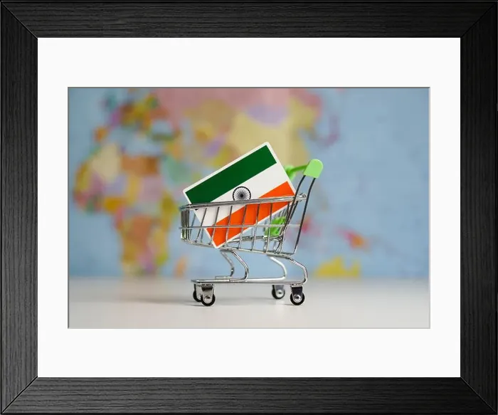 Framed Print : India national flag in miniature shopping trolley cart Framed Print : India national flag in miniature shopping trolley cart