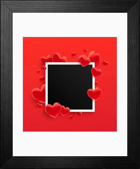 Framed Print : Empty black photo frame with many 3d sweet love hearts shape on red background Framed Print : Empty black photo frame with many 3d sweet love hearts shape on red background