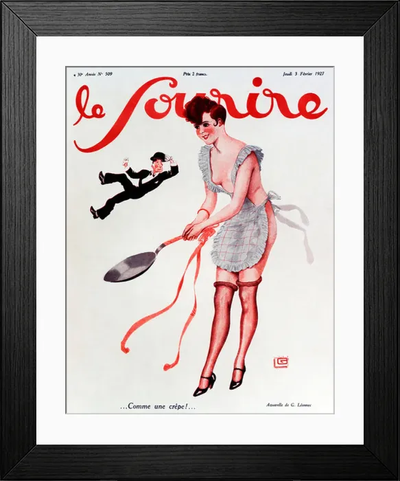 Framed Print : Comme Une Crepe Looks like the young lady is in charge in this 1927 French illustration treating her man like a crepe Framed Print : Comme Une Crepe Looks like the young lady is in charge in this 1927 French illustration treating her man like a crepe