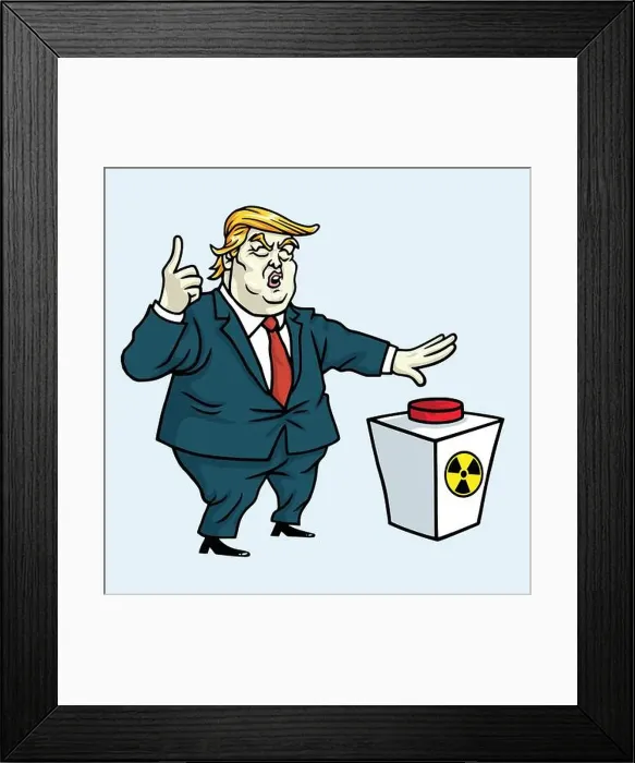 Framed Print : Donald Trump Shouting and Ready to Push the Red Button. Cartoon Vector Illustration Framed Print : Donald Trump Shouting and Ready to Push the Red Button. Cartoon Vector Illustration