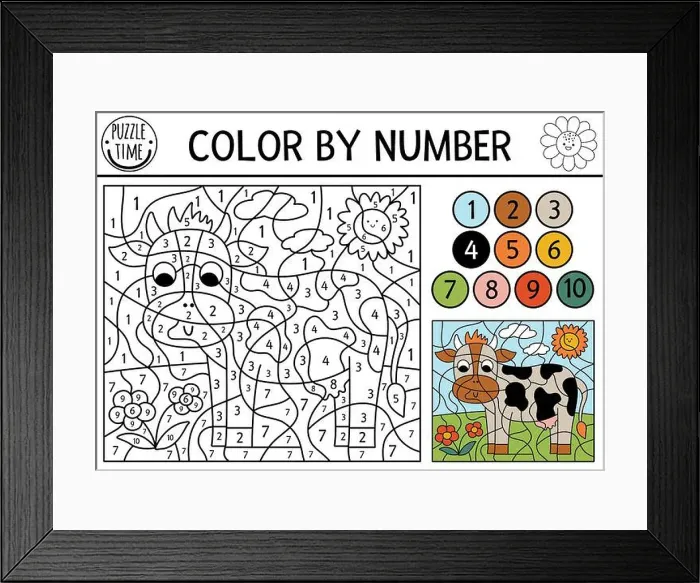 Framed Print : Vector on the farm color by number activity with cow in the meadow Framed Print : Vector on the farm color by number activity with cow in the meadow