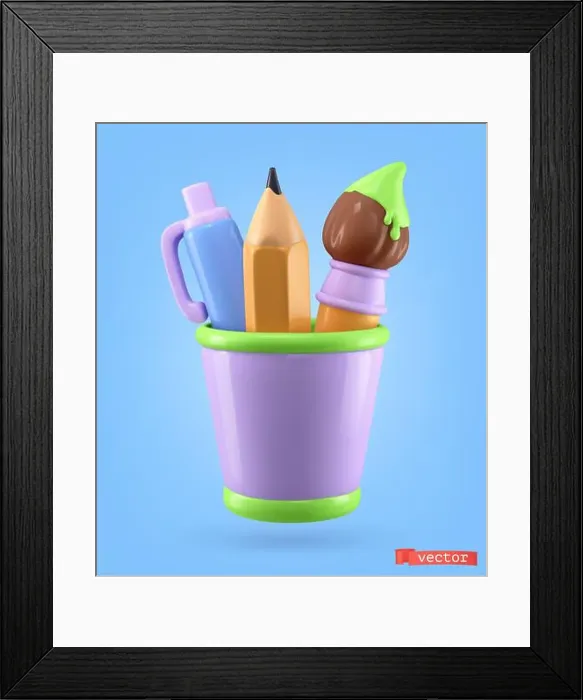 Framed Print : Art icon 3d cartoon vector object. Pen, pencil and brush in a glass Framed Print : Art icon 3d cartoon vector object. Pen, pencil and brush in a glass