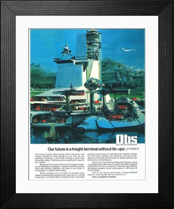 Framed Print : 1975 Otis Elevator ad - Our future is a frieght terminal without tie-ups John Berkey Art Framed Print : 1975 Otis Elevator ad - Our future is a frieght terminal without tie-ups John Berkey Art