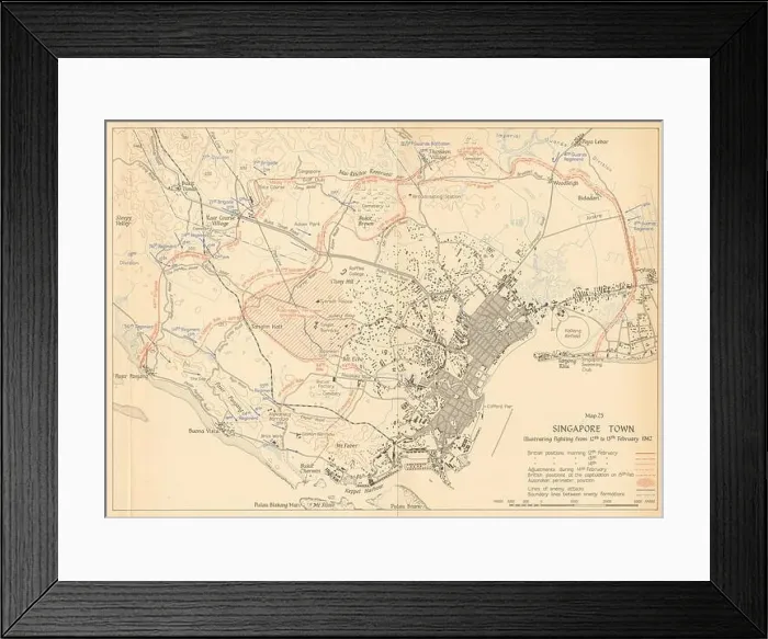 Framed Print : Battle of Singapore. Town city. 12th to 15th February 1942 1957 old map Framed Print : Battle of Singapore. Town city. 12th to 15th February 1942 1957 old map
