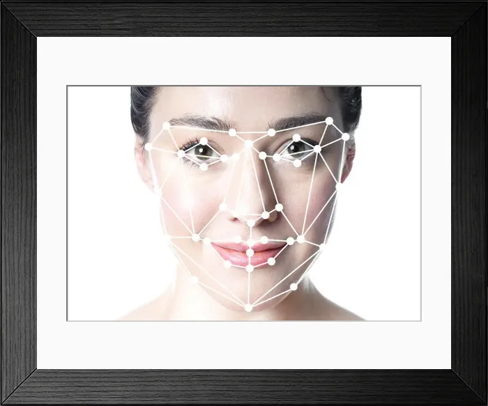 Framed Print : face detection or facial recognition grid overlay on face of woman Framed Print : face detection or facial recognition grid overlay on face of woman