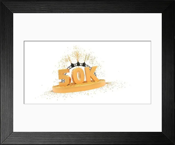 Framed Print : 50K followers celebration on white background - 3D rendering Framed Print : 50K followers celebration on white background - 3D rendering