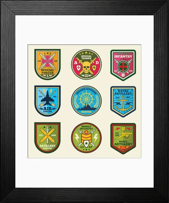 Framed Print : Military patches vector set. Army forces emblems and labels Framed Print : Military patches vector set. Army forces emblems and labels