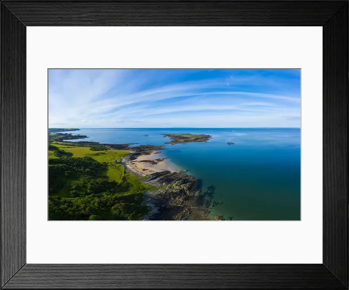 Framed Print : Aerial view of Knockbrex beach and Barlocco island, near Borgue, Dumfries & Galloway, Scotland Framed Print : Aerial view of Knockbrex beach and Barlocco island, near Borgue, Dumfries & Galloway, Scotland