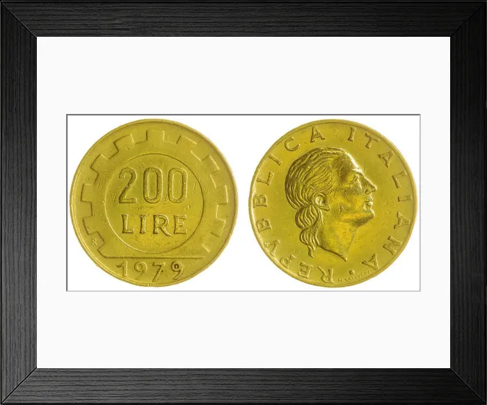 Framed Print : Aluminum-Bronze 200 lire 1979 coin isolated on white background, Italy