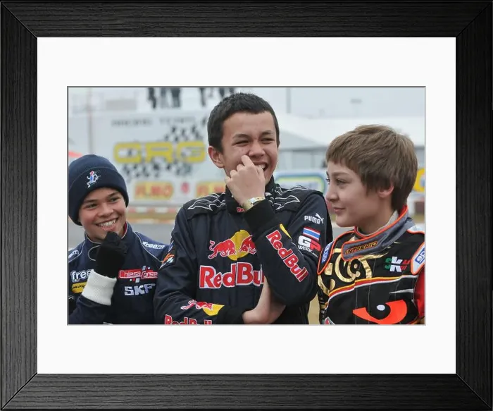 Framed Print : Karting rivals Alexander Albon, George Russell and Nyck De Vries Framed Print : Karting rivals Alexander Albon, George Russell and Nyck De Vries