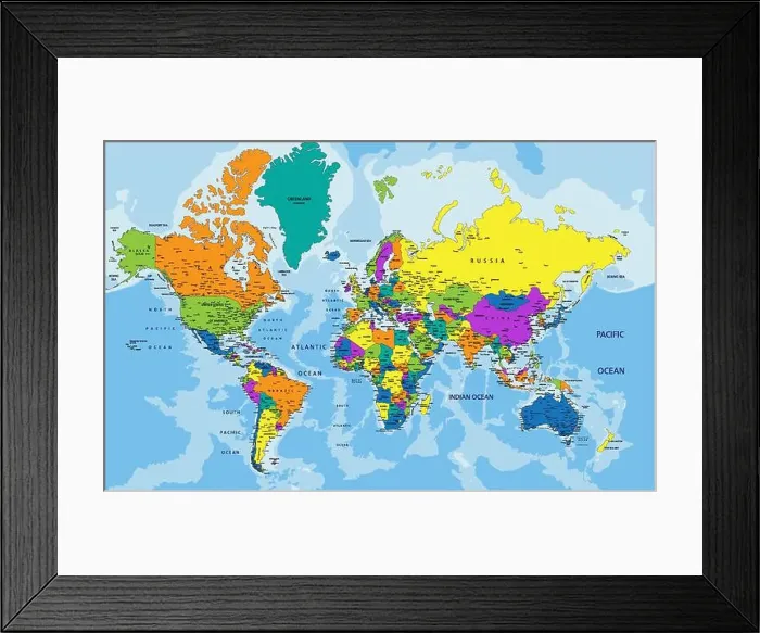 Framed Print : Colorful World political map with clearly labeled, separated layers. Vector illustration Framed Print : Colorful World political map with clearly labeled, separated layers. Vector illustration