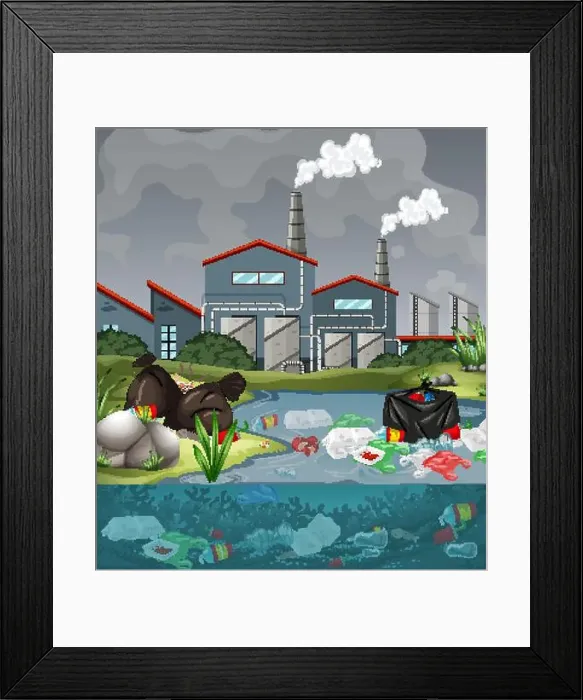 Framed Print : Water pollution with plastic bags in river illustration Framed Print : Water pollution with plastic bags in river illustration
