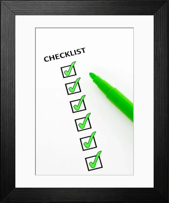 Framed Print : Checklist of completed tasks, with green felt pen Framed Print : Checklist of completed tasks, with green felt pen
