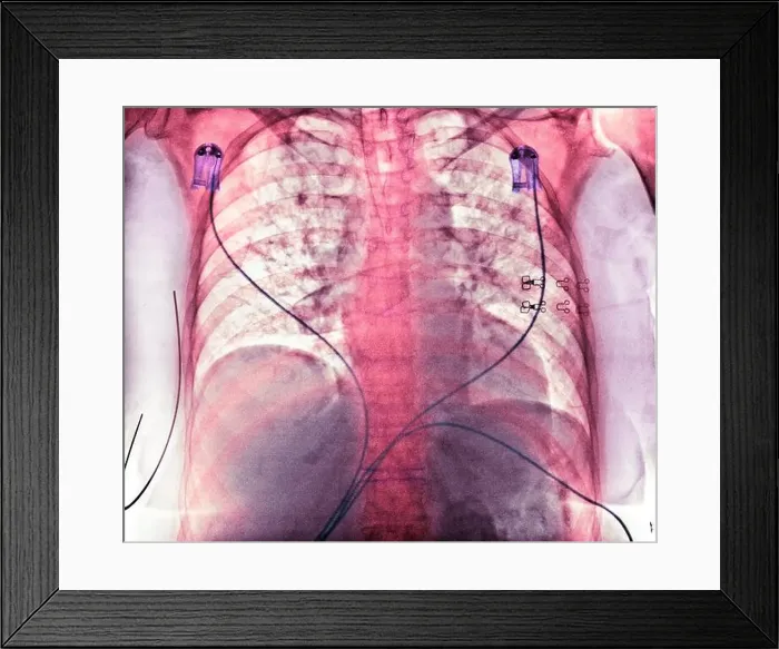 Framed Print : Aspiration. Coloured chest X-ray showing aspiration (dark areas) Framed Print : Aspiration. Coloured chest X-ray showing aspiration (dark areas)