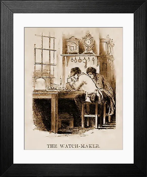 Framed Print : A Victorian English wash drawing showing a watch / clock maker at work Framed Print : A Victorian English wash drawing showing a watch / clock maker at work