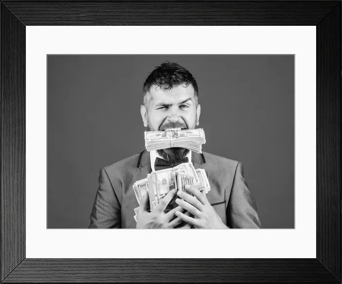 Framed Print : Easy cash loan. Man formal suit hold many dollar banknotes blue background Framed Print : Easy cash loan. Man formal suit hold many dollar banknotes blue background