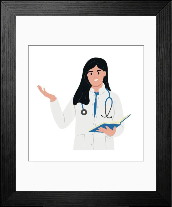 Framed Print : Happy female doctor is talking explaining something, gesturing with hand. A family doctor in a medical gown