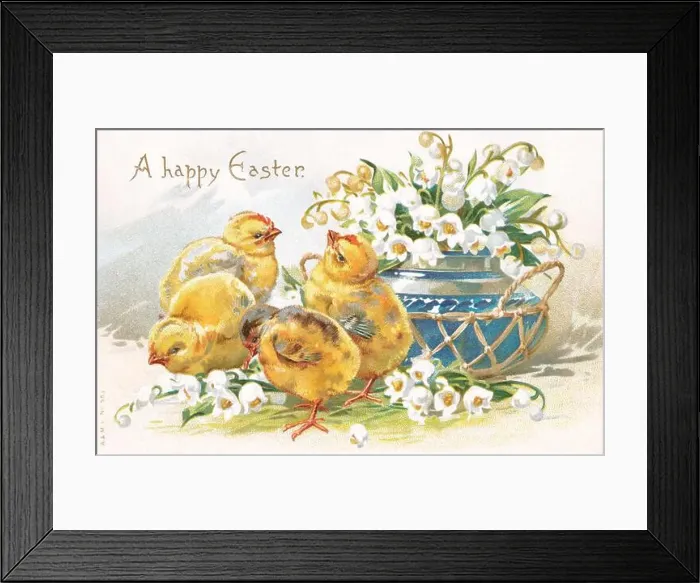 Framed Print : Vintage illustrated chromo-litho Easter postcard showing four chicks and a vase of snowdrops