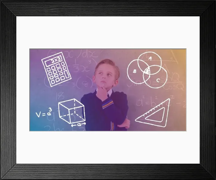 Framed Print : Image of school items over thoughtful caucasian boy Framed Print : Image of school items over thoughtful caucasian boy