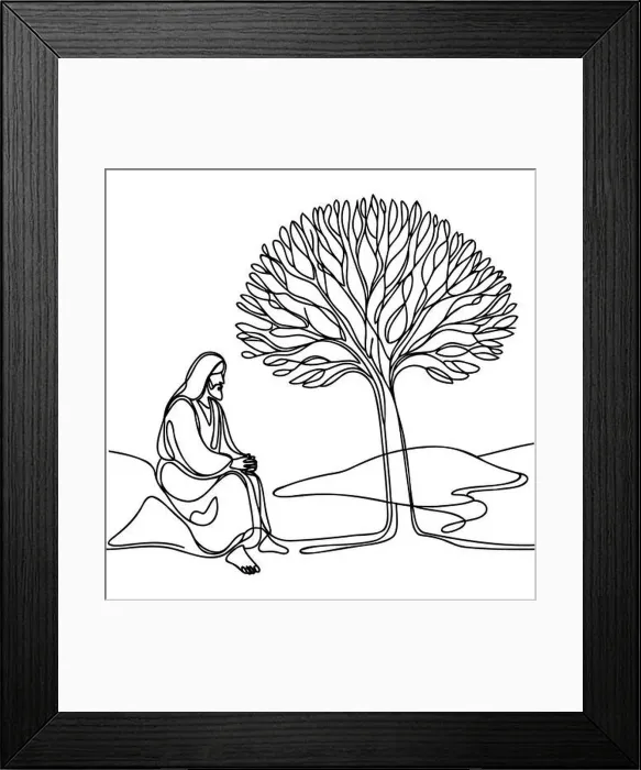 Framed Print : One solid line depicts Jesus Christ sitting under a tree. Isolated outline on a white background. Vector illustration Framed Print : One solid line depicts Jesus Christ sitting under a tree. Isolated outline on a white background. Vector illustration
