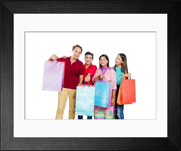 Framed Print : 4 indian family Parents young daughter and son Shopping Framed Print : 4 indian family Parents young daughter and son Shopping