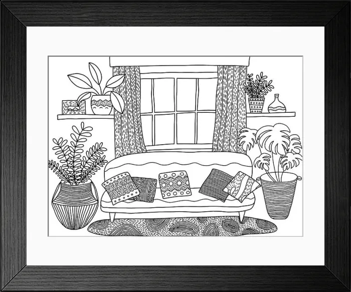 Framed Print : Cozy living room coloring page Framed Print : Cozy living room coloring page