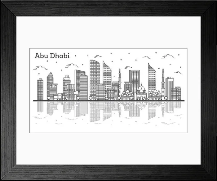 Framed Print : Outline Abu Dhabi United Arab Emirates City Skyline with Modern Buildings and Reflections Isolated on White Framed Print : Outline Abu Dhabi United Arab Emirates City Skyline with Modern Buildings and Reflections Isolated on White