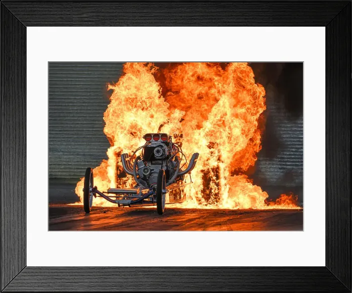 Framed Print : Bob Hawkins performs a fire / flame burnout in his slingshot dragster at Santa pod Raceway Framed Print : Bob Hawkins performs a fire / flame burnout in his slingshot dragster at Santa pod Raceway