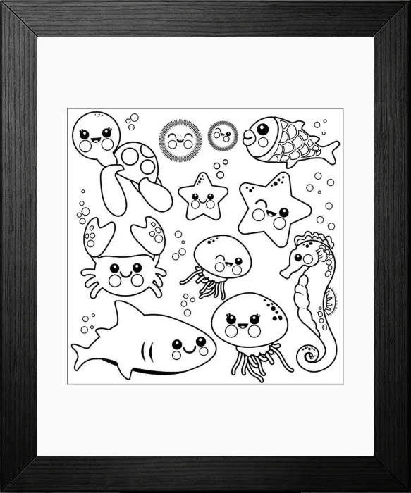 Framed Print : Sea animals swimming in the sea. Black and white coloring page Framed Print : Sea animals swimming in the sea. Black and white coloring page