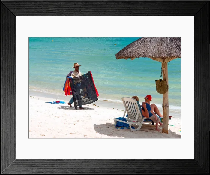 Framed Print : Hawker on the beach in front of the HotelTrou aux Biches, Mauritius Framed Print : Hawker on the beach in front of the HotelTrou aux Biches, Mauritius