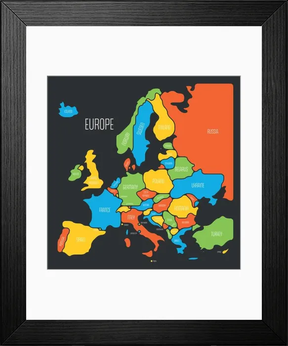 Framed Print : Simplified map of Europe. Rounded shapes of states with smoothed border Framed Print : Simplified map of Europe. Rounded shapes of states with smoothed border