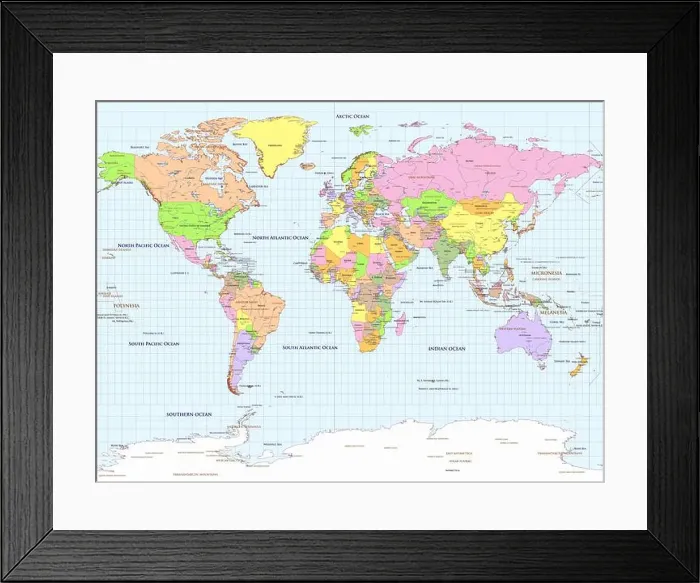 Framed Print : Political world map Gall stereographic projection Framed Print : Political world map Gall stereographic projection