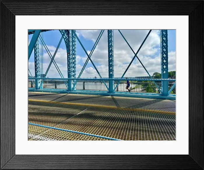 Framed Print : Person jogging on Roebling Bridge in Cincinnati, OH with river view Framed Print : Person jogging on Roebling Bridge in Cincinnati, OH with river view