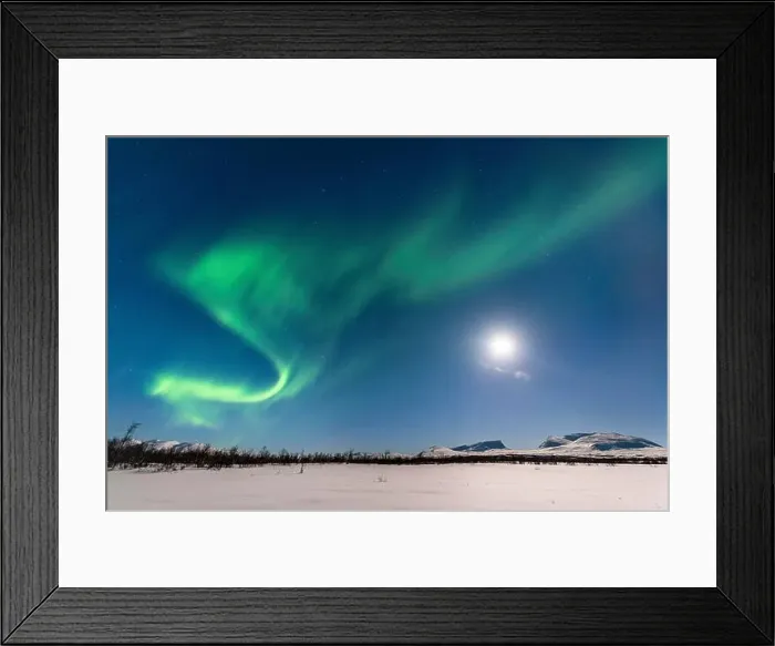 Framed Print : Northern Lights (Aurora Borealis) at full moon over snow-covered mountains Framed Print : Northern Lights (Aurora Borealis) at full moon over snow-covered mountains