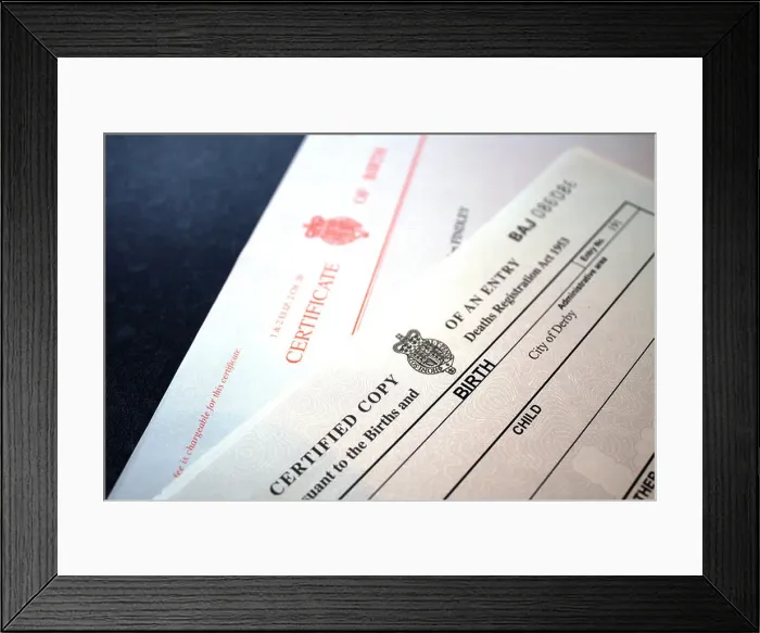 Framed Print : A babies official registered certificate of birth and copy of the birth certificate Framed Print : A babies official registered certificate of birth and copy of the birth certificate