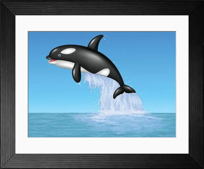 Framed Print : Cartoon orca jumping on the blue ocean background Framed Print : Cartoon orca jumping on the blue ocean background