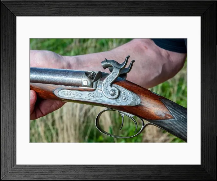 Framed Print : An 11-bore double barrel percussion shotgun by Birmingham