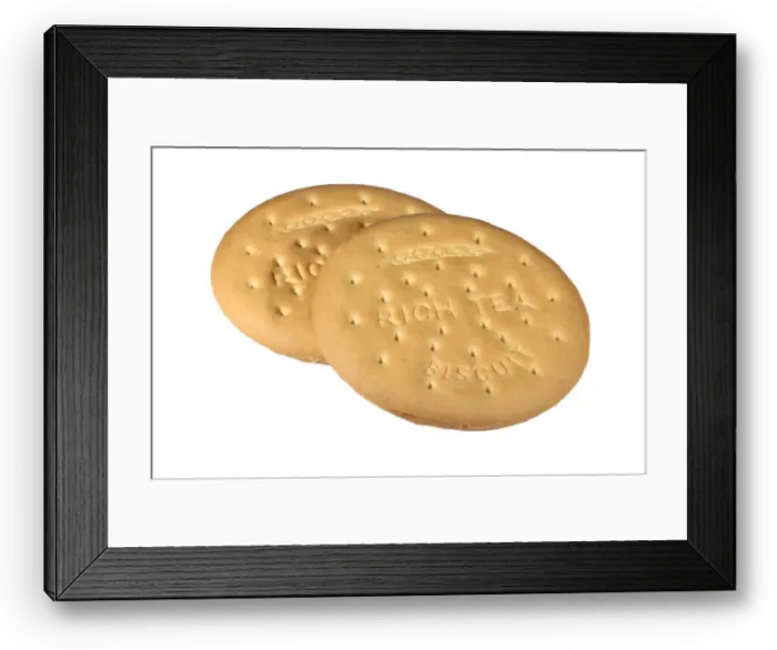 Framed Print : Two rich tea biscuits isolated on a white background Framed Print : Two rich tea biscuits isolated on a white background